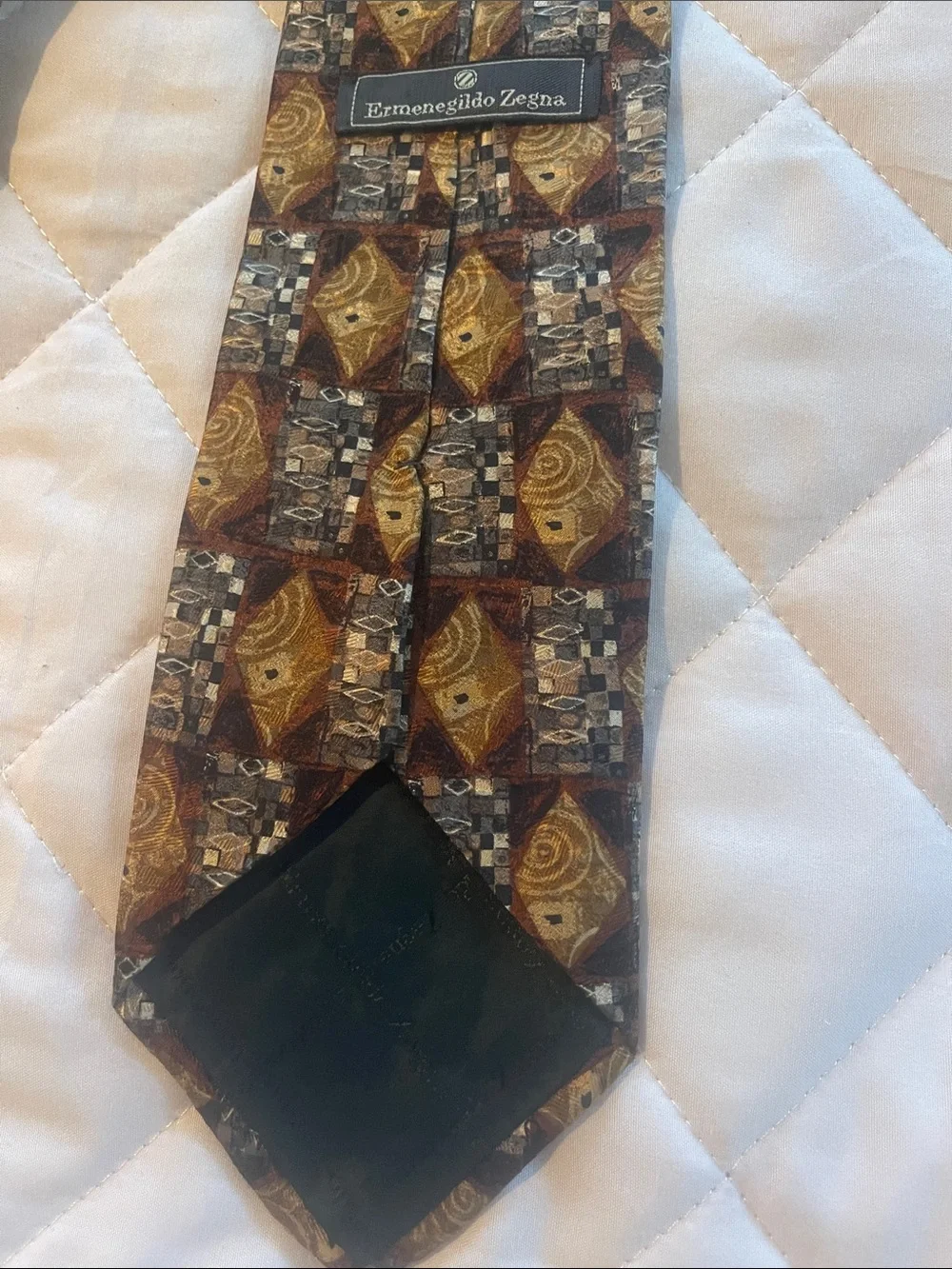 Ermegildo Zegna Men's Patterned Silk Tie in Brown and Gold